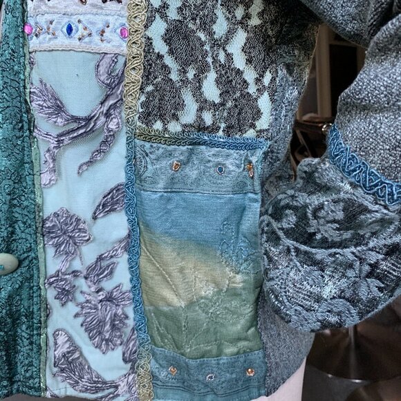 Retro BOHO VTG Embroidered Beaded Mixed Media Statement Jacket Sz S 82G - Picture 10 of 14